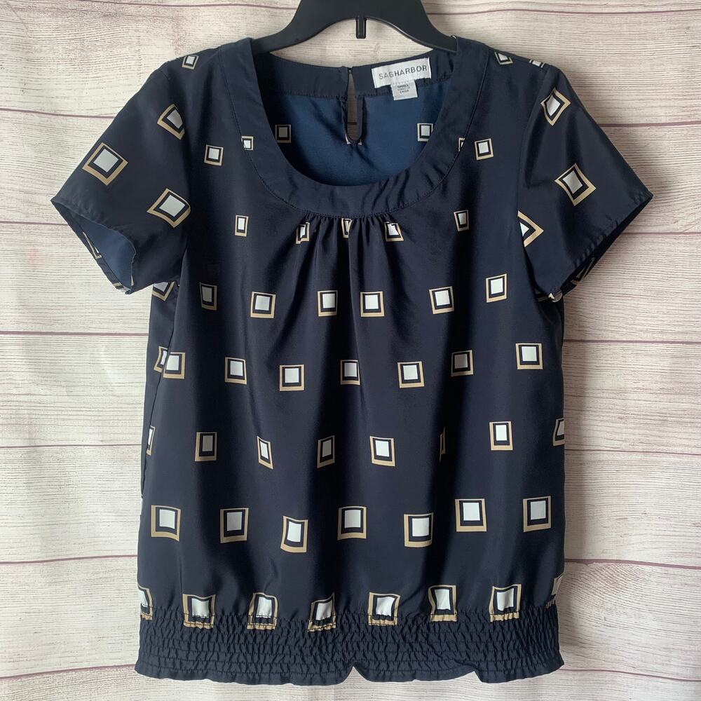 Sag Harbor Navy Blouse Square Geometric Pattern Keyhole Button Back Size Small